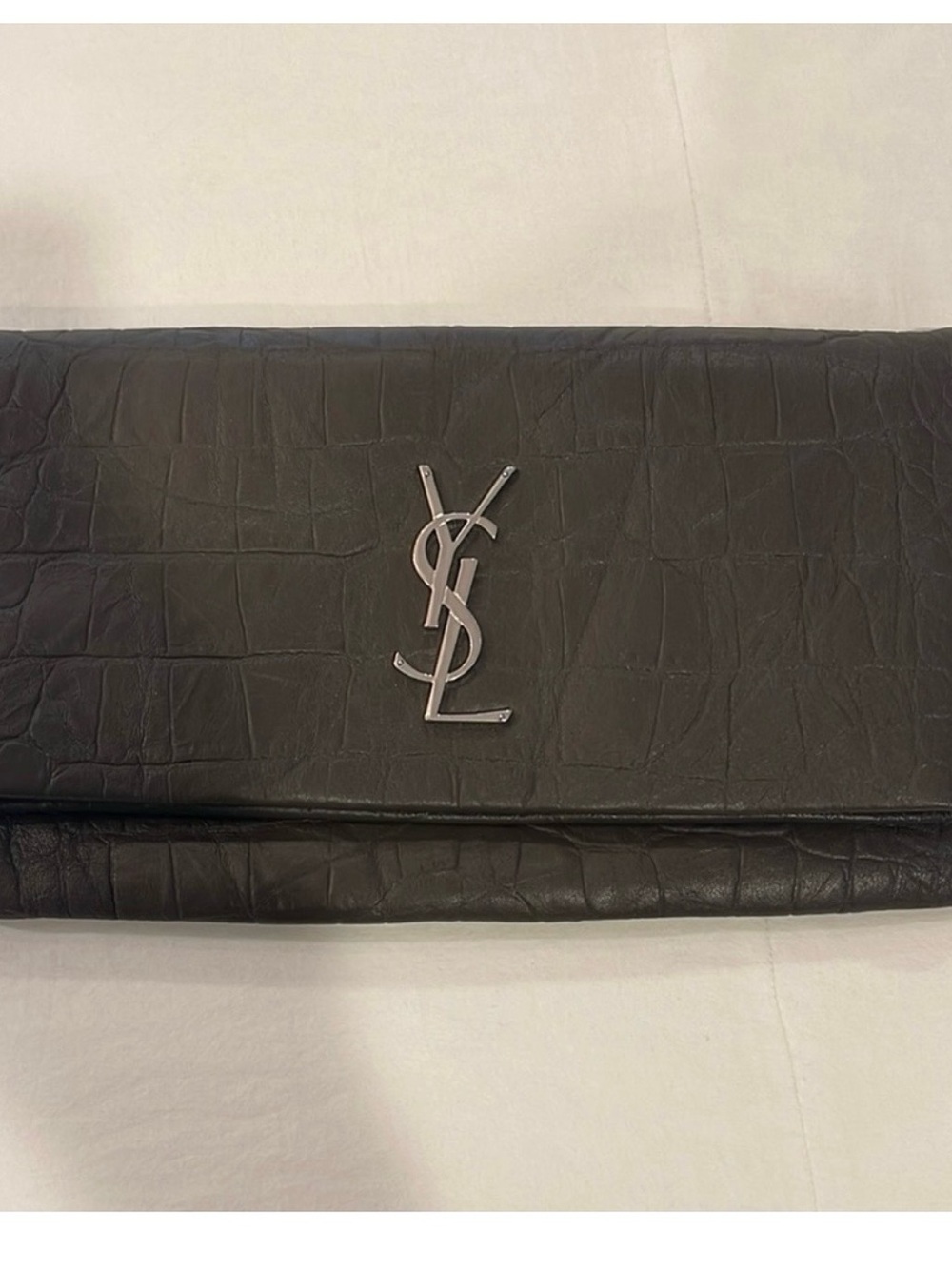 Saint Laurent Brown Croc-Embossed Leather Fold-Over Clutch with Silver YSL Logo